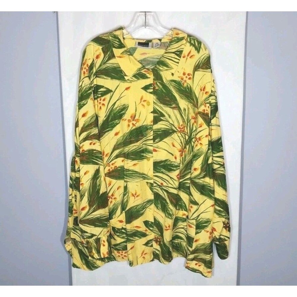 Maggie Barnes Tunic Top Plus Size 30W Yellow Linen Rayon Tropical Button Up Boho
